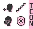 Set Shield protecting from virus, Man coughing, Face in a medical protective mask and Virus icon. Vector Royalty Free Stock Photo