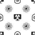 Set Shield protecting from virus, Radioactive in location and Atom on seamless pattern. Vector Royalty Free Stock Photo