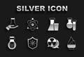 Set Shield protecting from virus, Test tube and flask, Alcohol or spirit burner, Radioactive, Poison bottle, and Atom