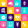 Set Shield security with lock, Computer api interface, Smartphone, Cyber, Lock and check mark and Document icon. Vector Royalty Free Stock Photo