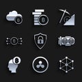 Set Shield security with lock, Cryptocurrency coin Ripple XRP, Blockchain technology, Mining farm, Bitcoin think