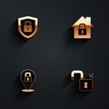 Set Shield security with lock, House under protection, Lock and Open padlock icon with long shadow. Vector Royalty Free Stock Photo