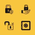 Set Shield security with lock, Safe, Open padlock and Lock icon with long shadow. Vector Royalty Free Stock Photo