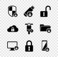 Set Shield security with lock, USB flash drive, Open padlock, Lock on monitor, and Smartphone icon. Vector