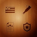 Set Shield with stars, American flag, Declaration of independence and Baseball bat ball on wooden background. Vector Royalty Free Stock Photo