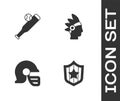 Set Shield with stars, Baseball bat ball, American football helmet and Native Indian icon. Vector Royalty Free Stock Photo
