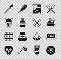 Set Shield viking, King crown, Roasted turkey or chicken, Folded map, Whiskey bottle, Skull with helmet, Medieval spear