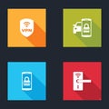 Set Shield with VPN wireless, Smart car security system, Mobile and password and Digital door lock icon. Vector Royalty Free Stock Photo
