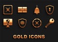 Set Shield with world globe, keyhole, Key, Safe, Computer monitor and shield, Ringing bell, and Bricks icon. Vector