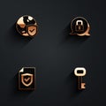 Set Shield with world globe, Lock, Contract shield and Old key icon with long shadow. Vector