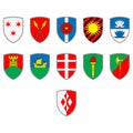 Set of shields with coloured fictional coats of arms isolated on white background. Vector design