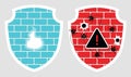 Set of 2 shields with cyber security brick wall icons with fire, bullet holes and bugs isolated on gray background. Data Royalty Free Stock Photo