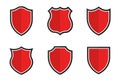 Set of shields in different shapes. Conceptual symbol of protection, safety, security and guarding. Red shields isolated on