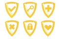 Set of shields with lock, yellow key and padlock, cross, heart and tick. Protection and insurance. Antivirus signs Royalty Free Stock Photo