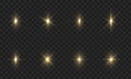 Set of Shine Stars on Transparent Background. Flare Sparkle Stars. Gleam Glitter Festive Set. Golden bokeh Lights