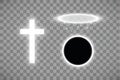 Set of shining white cross and halo ring of white angel and total eclipse of the sun on a transparent background