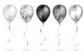 Set of 5 shiny black and white realistic 3D helium balloons for your design. Glossy balloons with glitter and gold ribbon, perfect