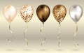 Set of 5 shiny bronze and gold realistic 3D helium balloons for your design. Glossy balloons with glitter and gold ribbon, perfect