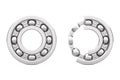 Set of Shiny Chrome Steel Ball Bearings with One Cut Outed Where Visible the Inner Parts. 3d Rendering Royalty Free Stock Photo