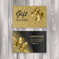 Set of shiny gift voucher with realistic golden bow. Vector template for gift card Royalty Free Stock Photo