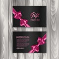 Set of shiny gift voucher with realistic pink bow. Vector template for gift card