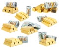 Set of shiny gold bars and dollar banknotes Royalty Free Stock Photo