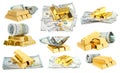 Set of shiny gold bars and dollar banknotes Royalty Free Stock Photo