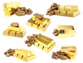 Set of shiny gold bars and nuggets Royalty Free Stock Photo