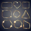 Set of shiny gold frames luxurious realistic square, round, oval borders, rectangular borders. Royalty Free Stock Photo