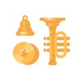 Set of shiny gold musical instruments. Cymbals, bell and trumpet