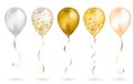 Set of 5 shiny gold realistic 3D helium balloons for your design. Glossy balloons with glitter and gold ribbon, perfect decoration