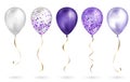 Set of 5 shiny purple realistic 3D helium balloons for your design. Glossy balloons with glitter and gold ribbon, perfect