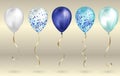 Set of 5 shiny realistic 3D blue helium balloons for your design. Glossy balloons with glitter and gold ribbon, perfect decoration