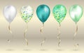 Set of 5 shiny realistic 3D teal helium balloons for your design. Glossy balloons with glitter and gold ribbon, perfect decoration