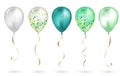 Set of 5 shiny realistic 3D teal helium balloons for your design. Glossy balloons with glitter and gold ribbon, perfect decoration