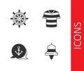 Set Ship bell, steering wheel, Anchor and Striped sailor t-shirt icon. Vector