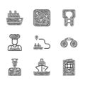 Set Ship line path, Cruise ship, Passport, Binoculars, Captain of, Cook, Life jacket and icon. Vector