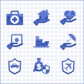 Set Ship, Money with shield, Plane, Umbrella in hand, Car, Safe, Life insurance and First aid kit icon. Vector