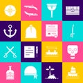 Set Ship, Skull, Pirate sword, Wooden pirate leg, sack, Anchor, Wind rose and Decree, parchment, scroll icon. Vector