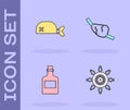 Set Ship steering wheel, Pirate bandana for head, Alcohol drink Rum and eye patch icon. Vector Royalty Free Stock Photo