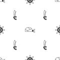 Set Ship steering wheel, Pirate bandana for head and sword on seamless pattern. Vector Royalty Free Stock Photo