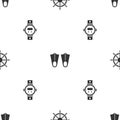 Set Ship steering wheel, Rubber flippers and Diving watch on seamless pattern. Vector Royalty Free Stock Photo
