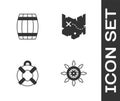 Set Ship steering wheel, Wooden barrel, Lifebuoy and Pirate treasure map icon. Vector Royalty Free Stock Photo