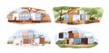Set of shipping container houses in nature with panoramic window. Collection of contemporary modular block homes with