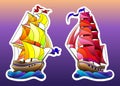 Stained glass set with ships, sailboats on waves isolated on sky background Royalty Free Stock Photo