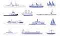 Set of ships and vessels. Vector images of sailing ships, steamships, modern ships Royalty Free Stock Photo