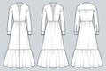 Set of Shirt Dress technical fashion illustration. Tiered Dress fashion flat technical drawing template, long sleeve, maxi length