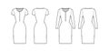 Set of Shirt dresses technical fashion illustration with henley neck, long, short sleeves, knee length, fitted body Flat