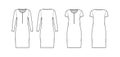 Set of Shirt dresses technical fashion illustration with henley neck, long, short sleeves, knee length, oversize body