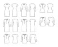 Set of Shirt dresses technical fashion illustration with henley neck, long, short sleeves, knee length, oversize, fitted